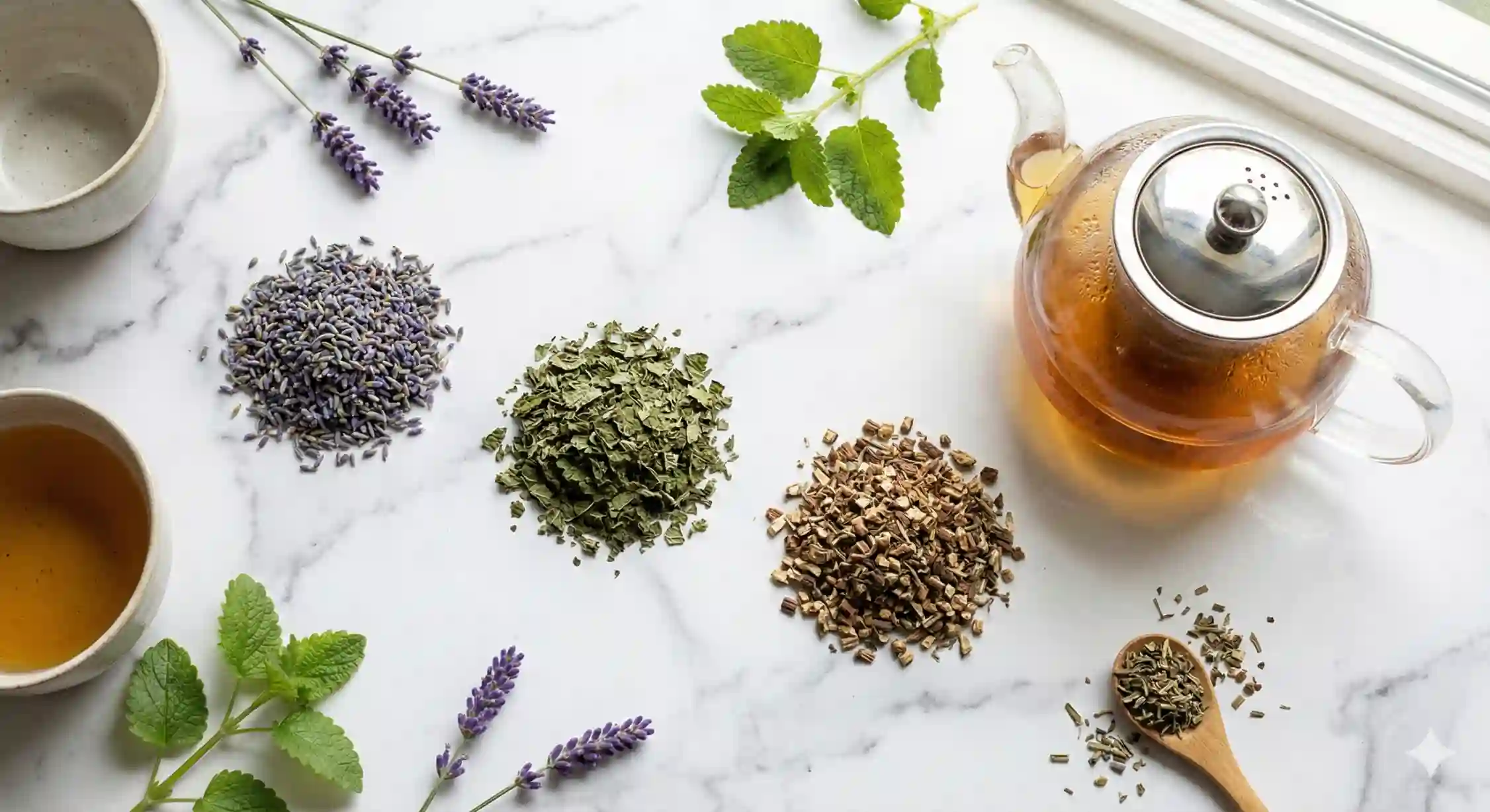 بهترین دمنوش های گیاهی آرامبخش شامل اسطوخودوس، بادرنجبویه و سنبل الطیب.